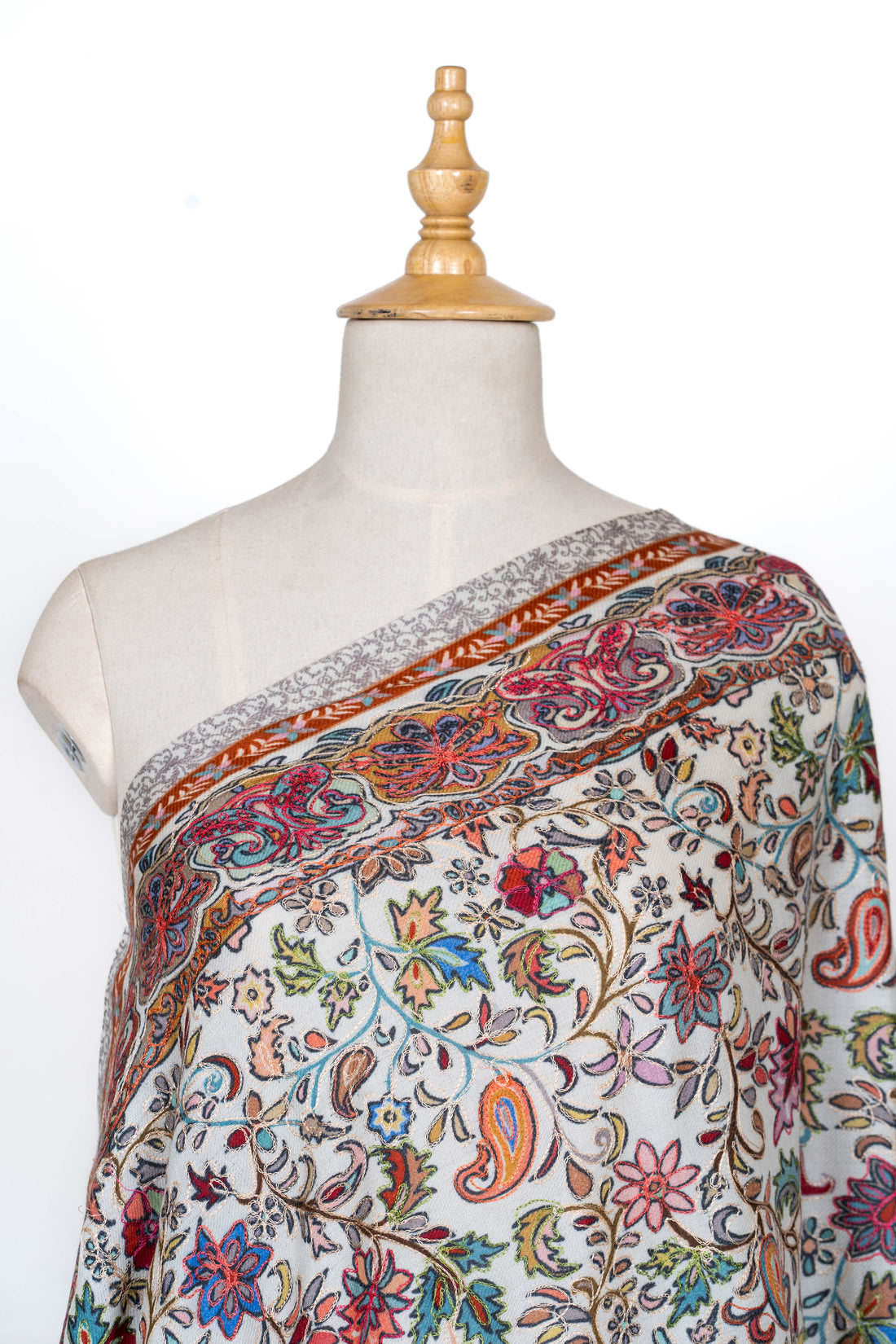 Ivory Blossom Wool Shawl with Vibrant Floral Motifs