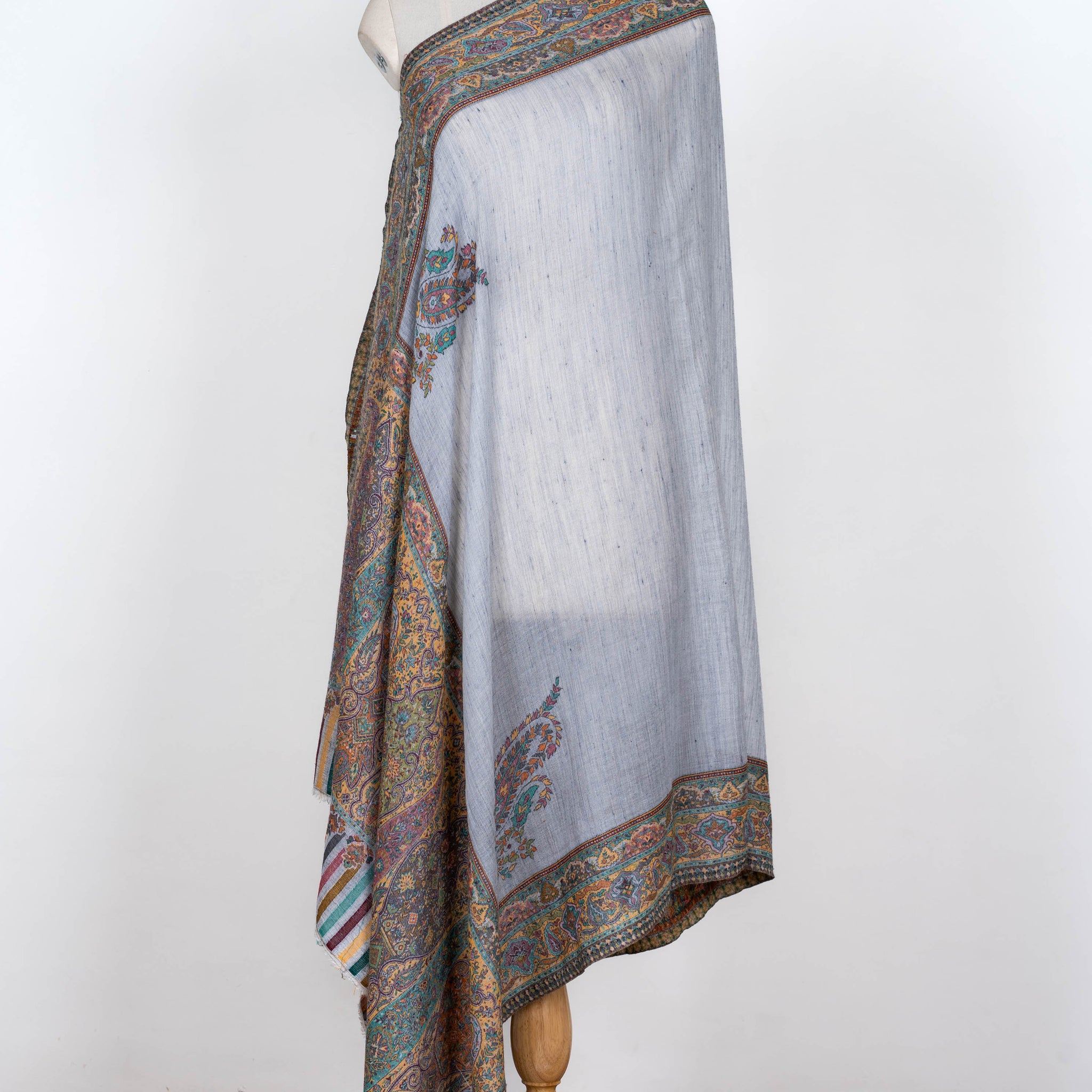 Misty Grey Wool Shawl with Classic Paisley Borders