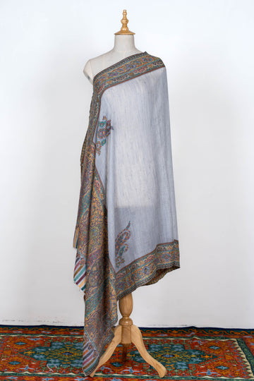 Misty Grey Wool Shawl with Classic Paisley Borders