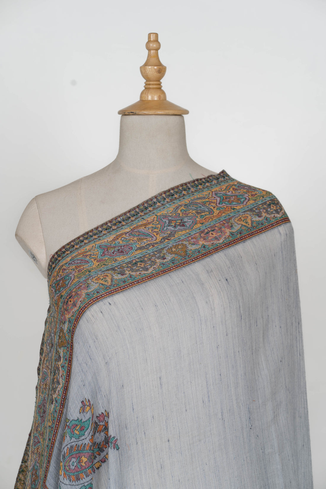 Misty Grey Wool Shawl with Classic Paisley Borders