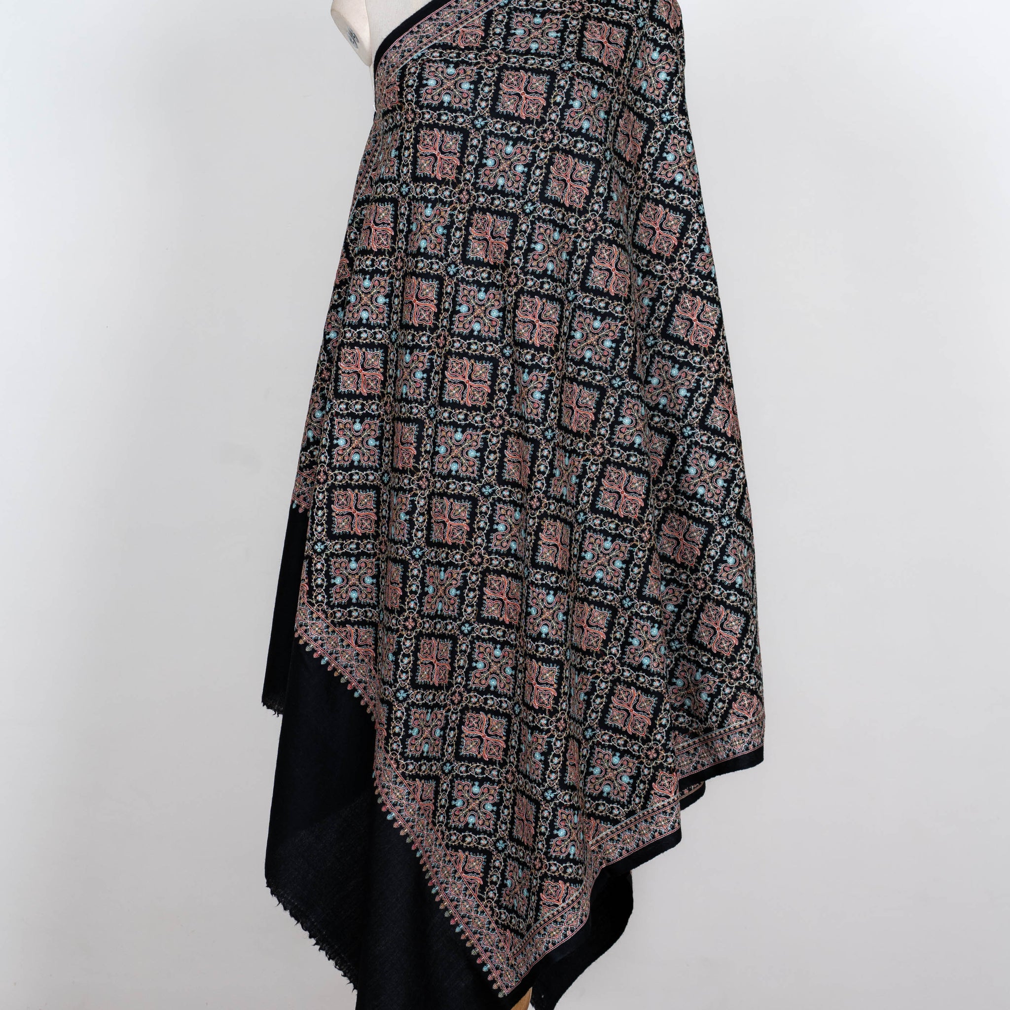 Midnight Charm Wool Shawl with Geometric Embellishments