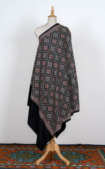 Midnight Charm Wool Shawl with Geometric Embellishments