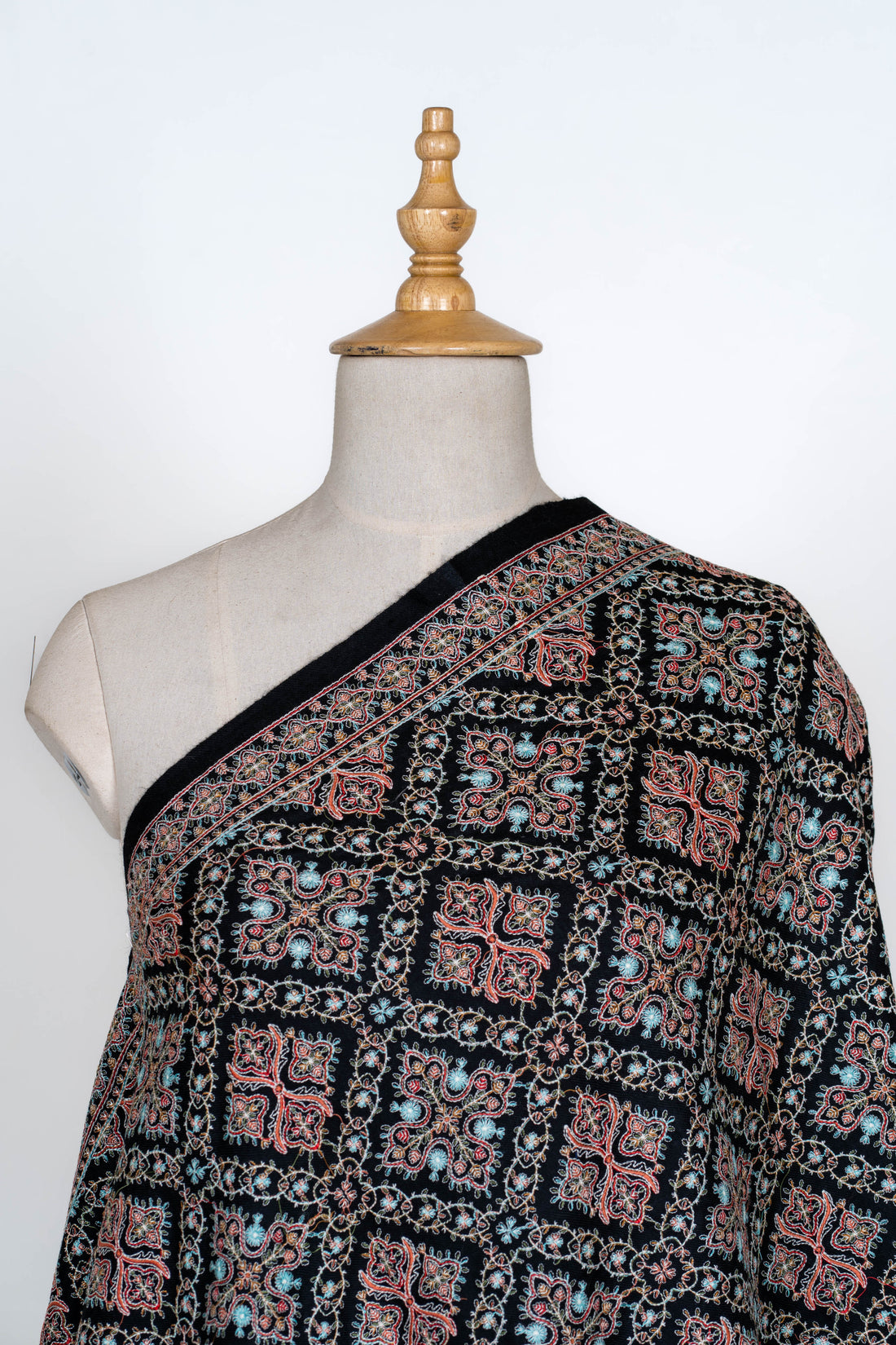 Midnight Charm Wool Shawl with Geometric Embellishments