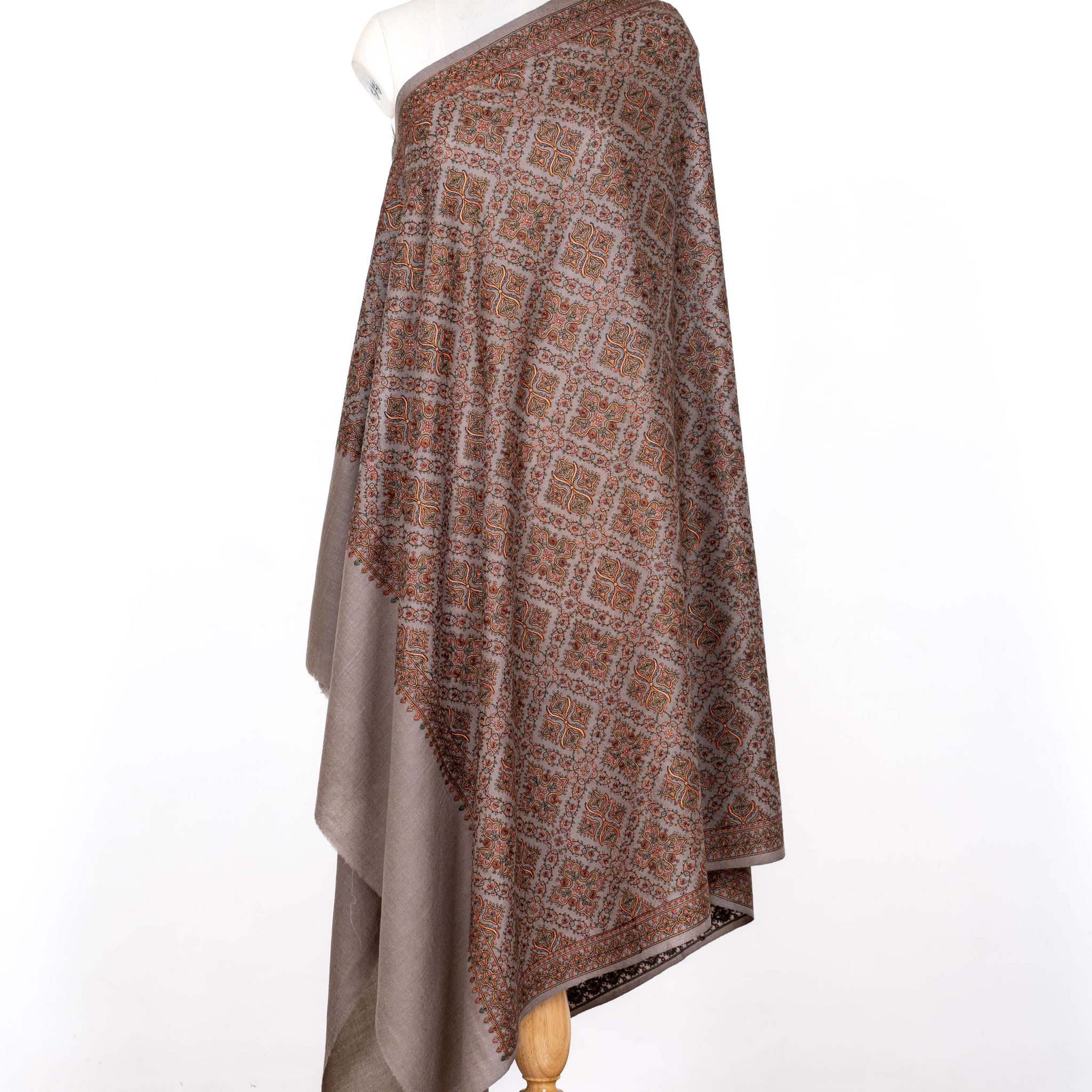 Warm Taupe Wool Shawl with Earthy Geometric Detailing