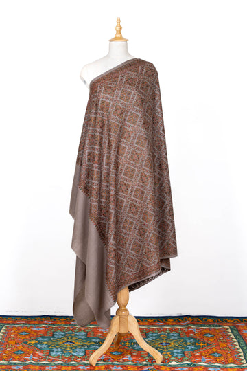 Warm Taupe Wool Shawl with Earthy Geometric Detailing