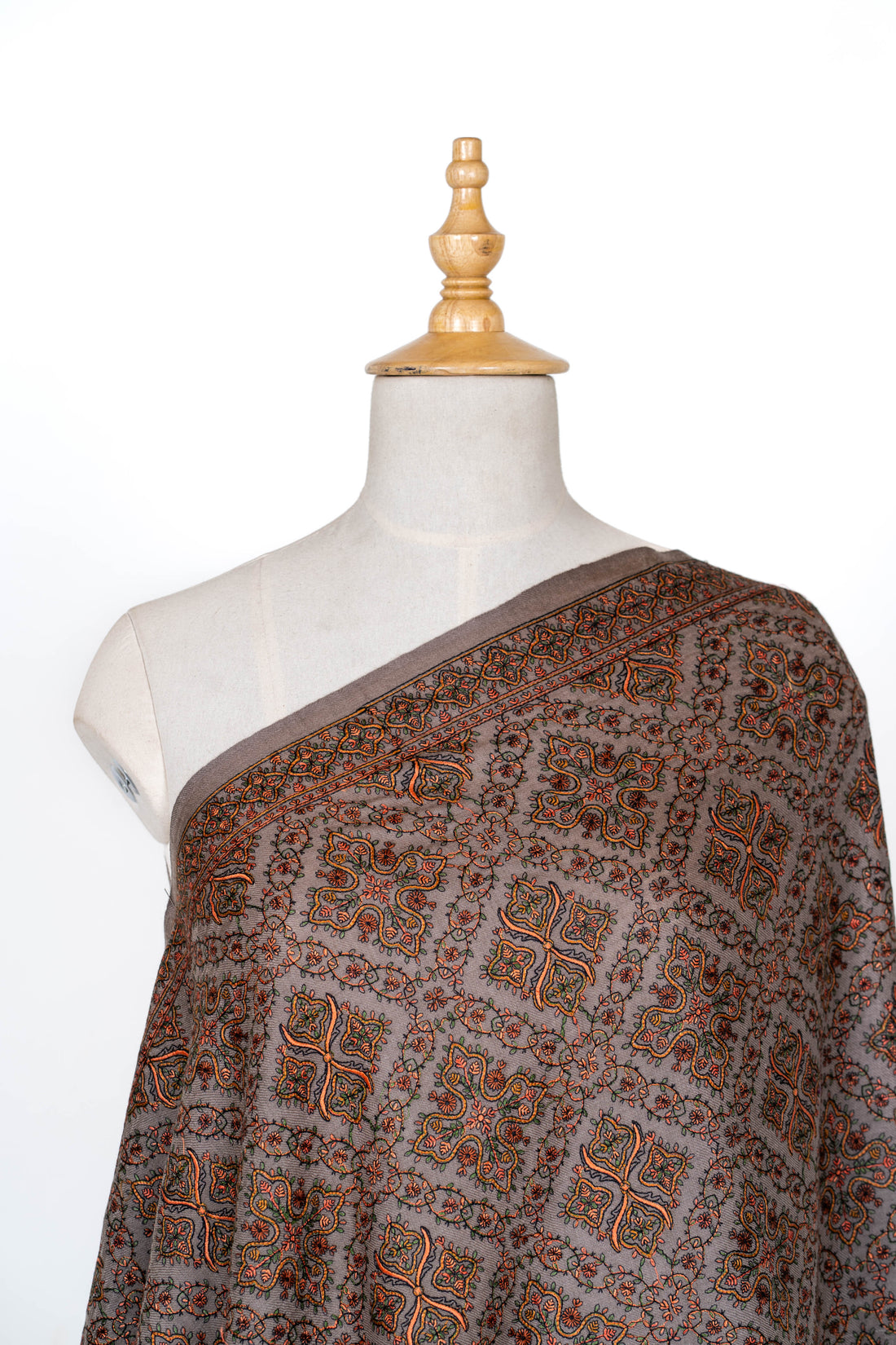 Warm Taupe Wool Shawl with Earthy Geometric Detailing