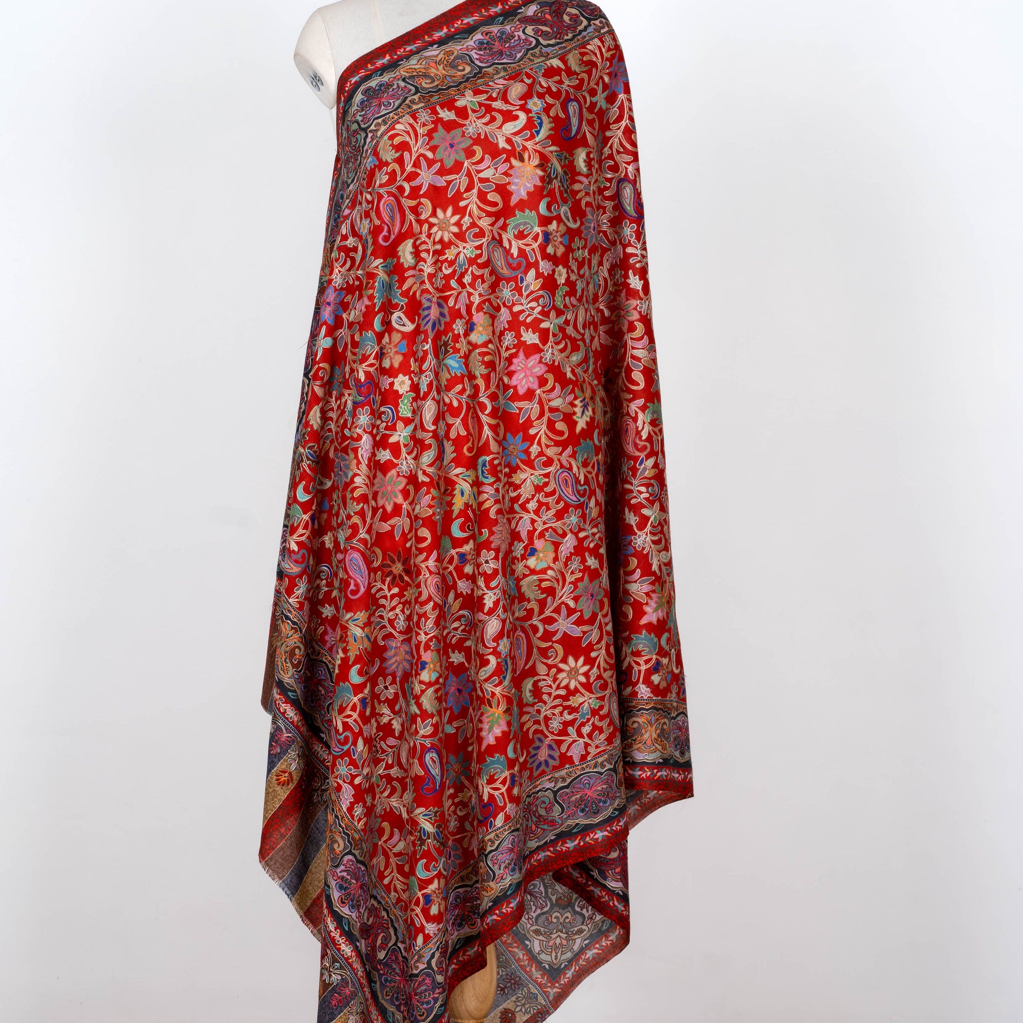 Crimson Bloom Wool Shawl with Vibrant Floral Detailing