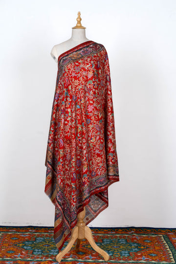 Crimson Bloom Wool Shawl with Vibrant Floral Detailing