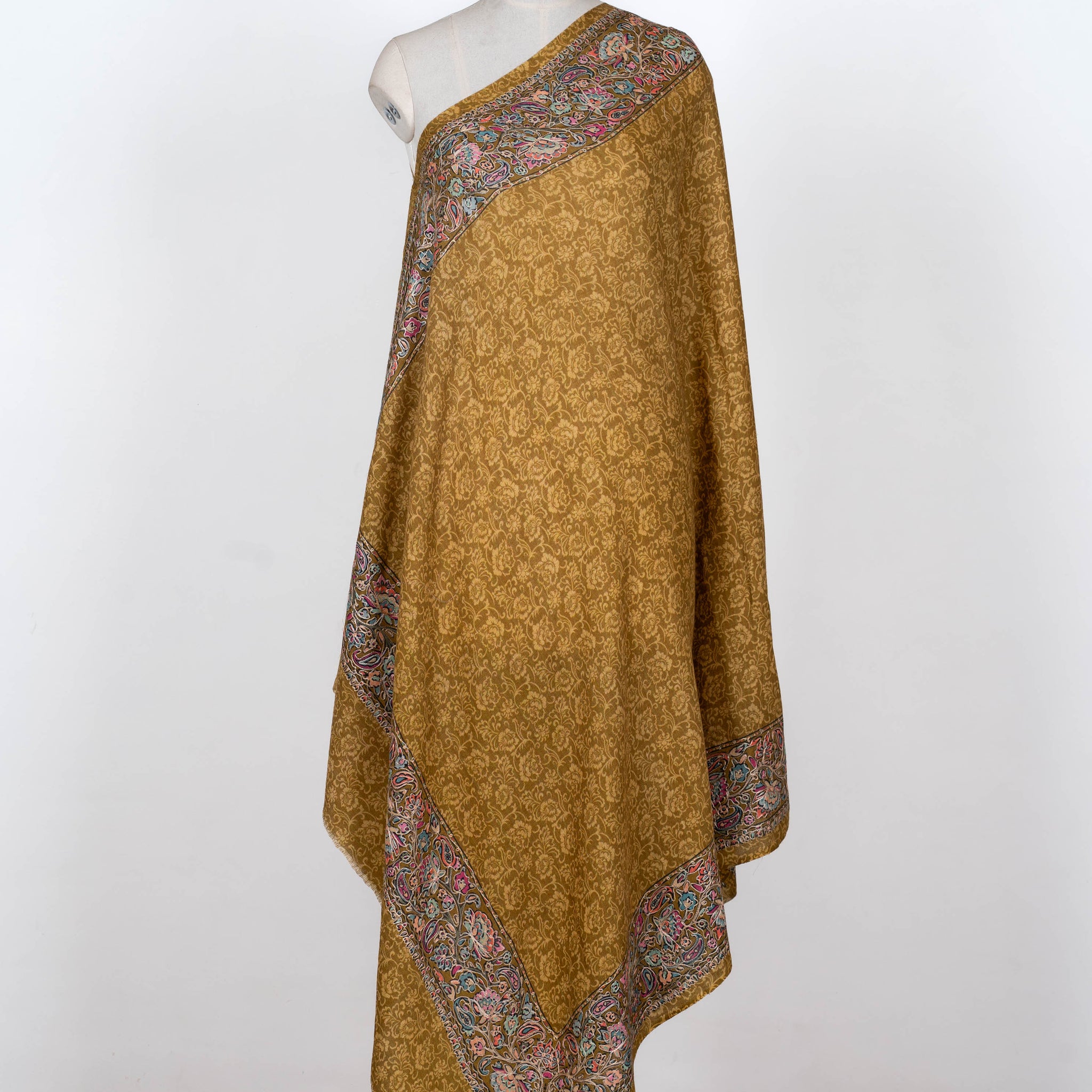 Antique Gold Wool Shawl with Delicate Paisley Borders