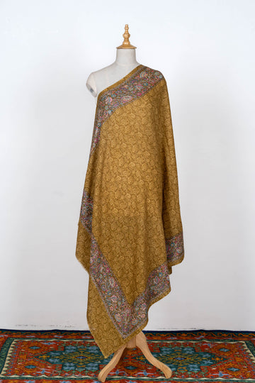 Antique Gold Wool Shawl with Delicate Paisley Borders