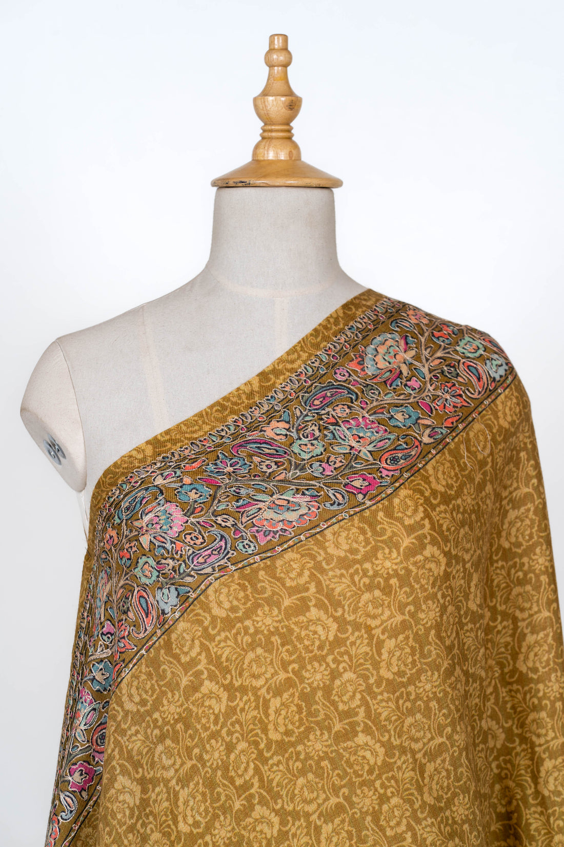 Antique Gold Wool Shawl with Delicate Paisley Borders