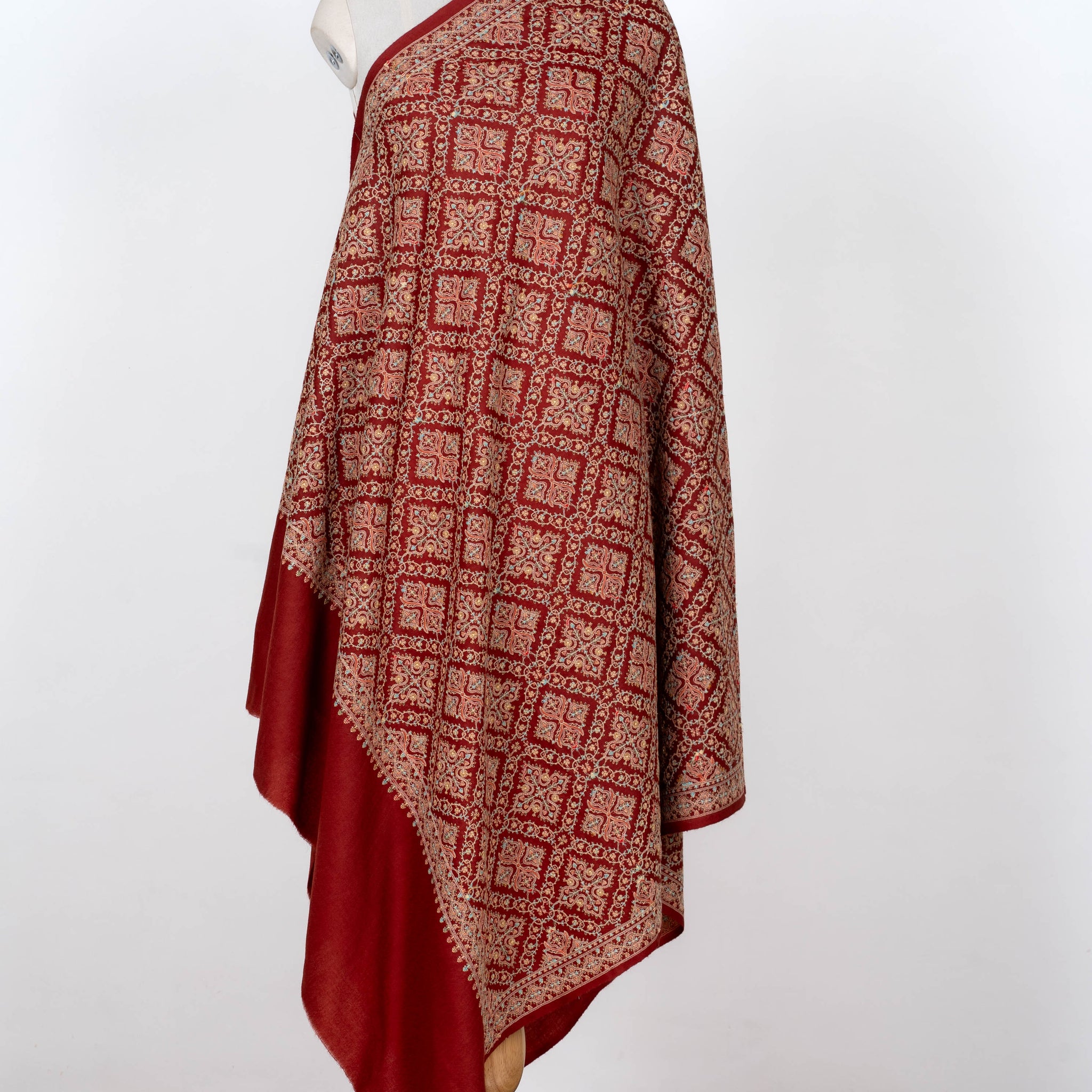 Deep Red Wool Shawl with Classic Geometric Patterns