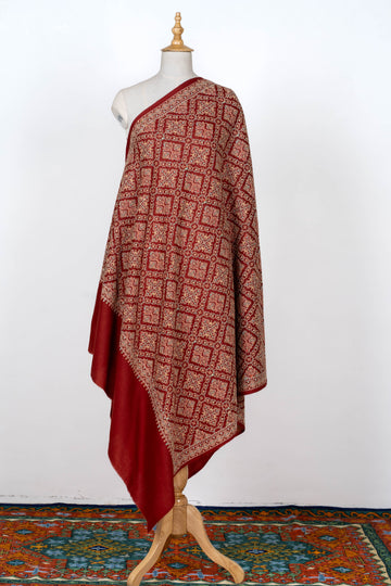 Deep Red Wool Shawl with Classic Geometric Patterns