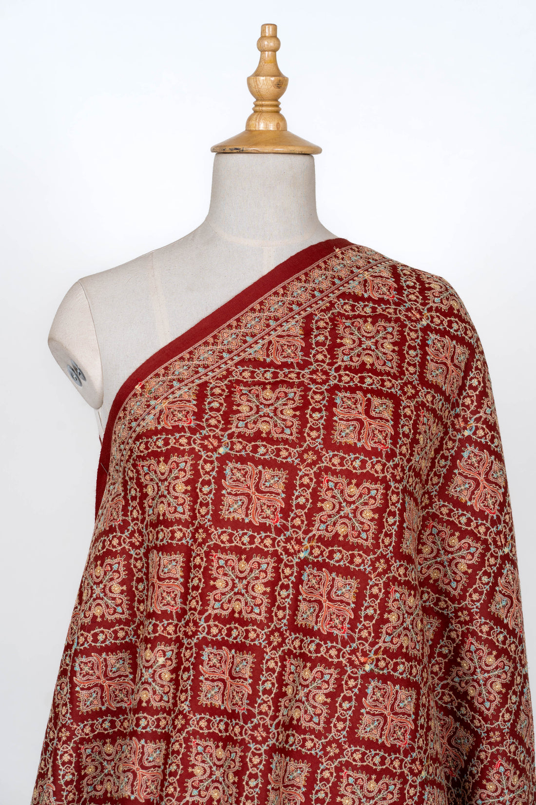 Deep Red Wool Shawl with Classic Geometric Patterns