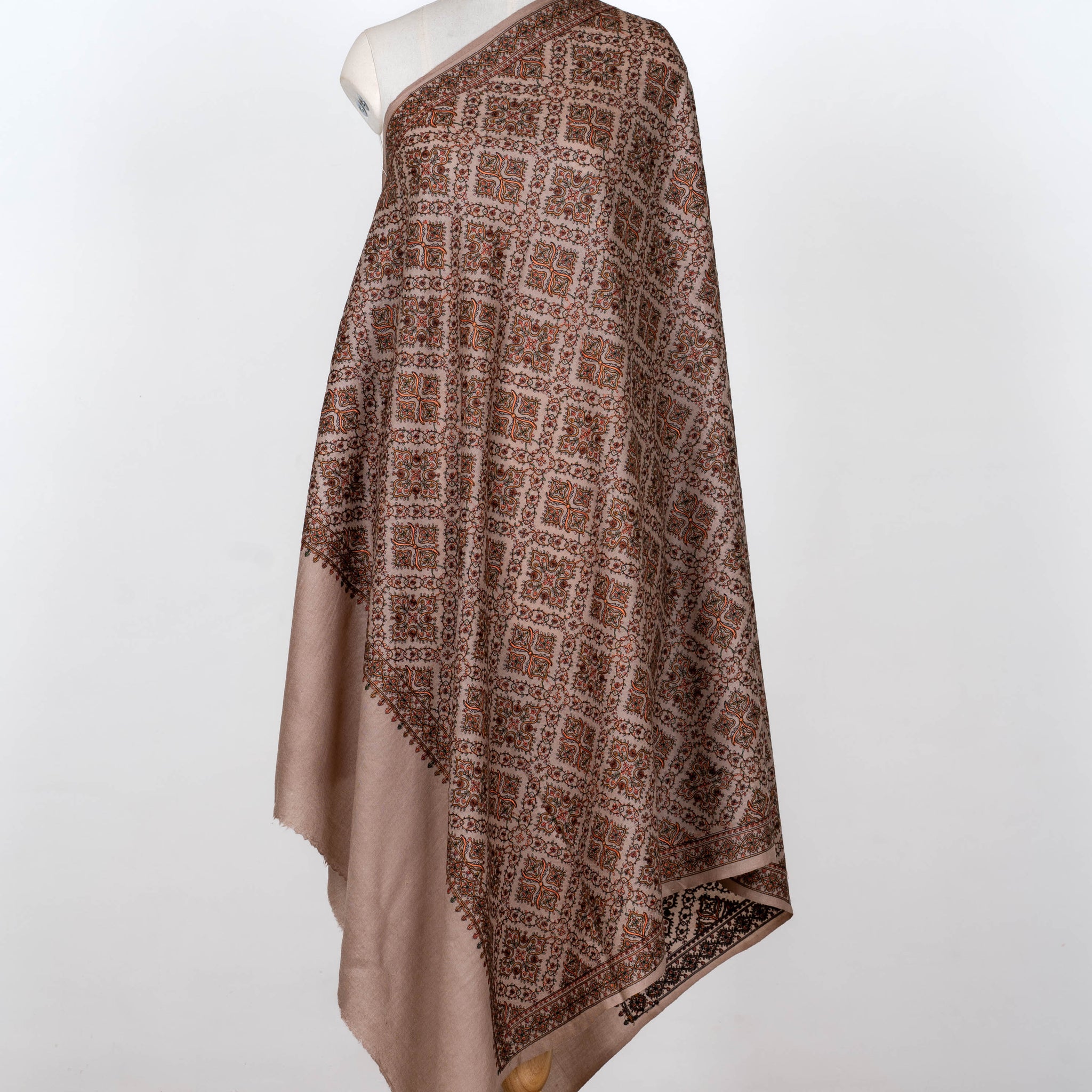 Earthy Beige Wool Shawl with Timeless Geometric Detailing