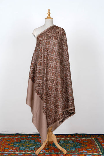 Earthy Beige Wool Shawl with Timeless Geometric Detailing