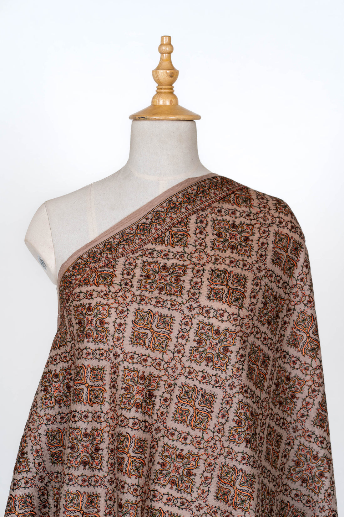 Earthy Beige Wool Shawl with Timeless Geometric Detailing