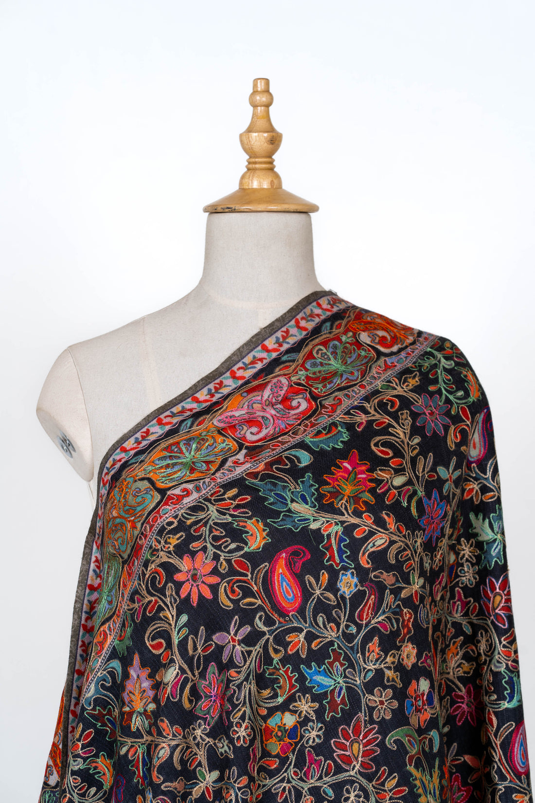 Midnight Garden Wool Shawl with Vibrant Floral Motifs