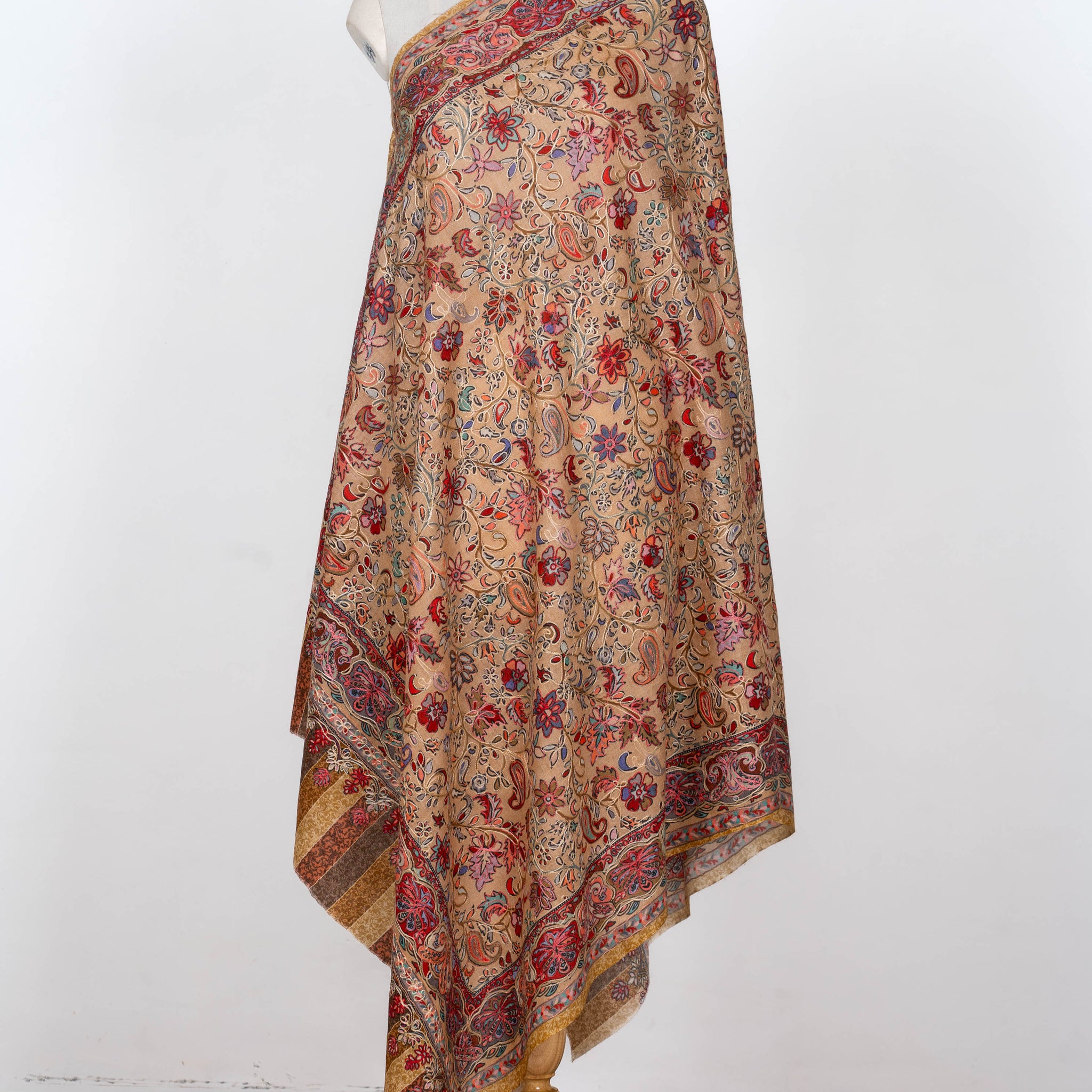 Golden Sand Wool Shawl with Intricate Floral Embellishments