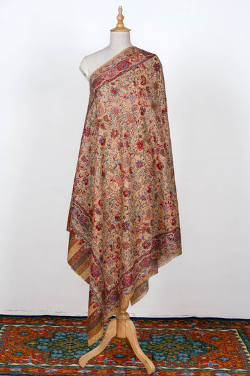 Golden Sand Wool Shawl with Intricate Floral Embellishments