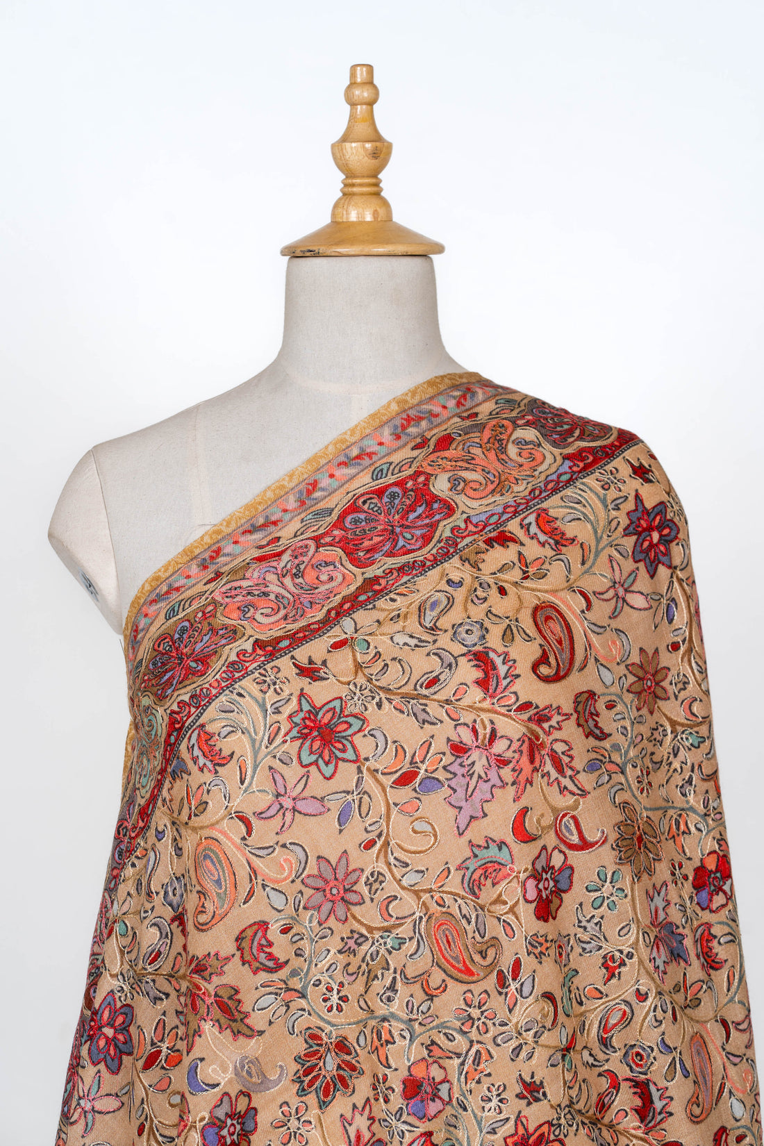 Golden Sand Wool Shawl with Intricate Floral Embellishments