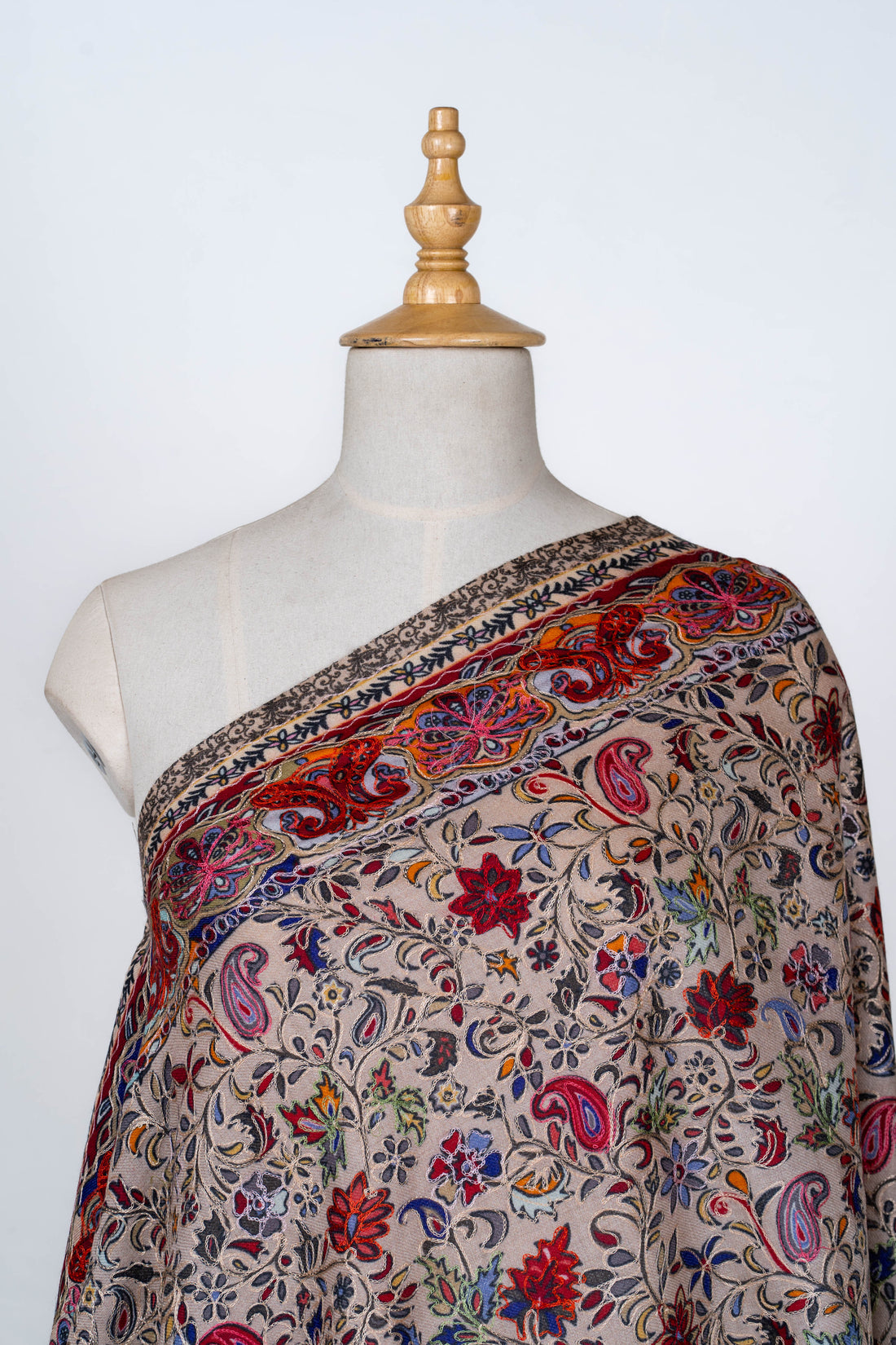 Ivory Bloom Wool Dupatta with Kalamkari Detailing