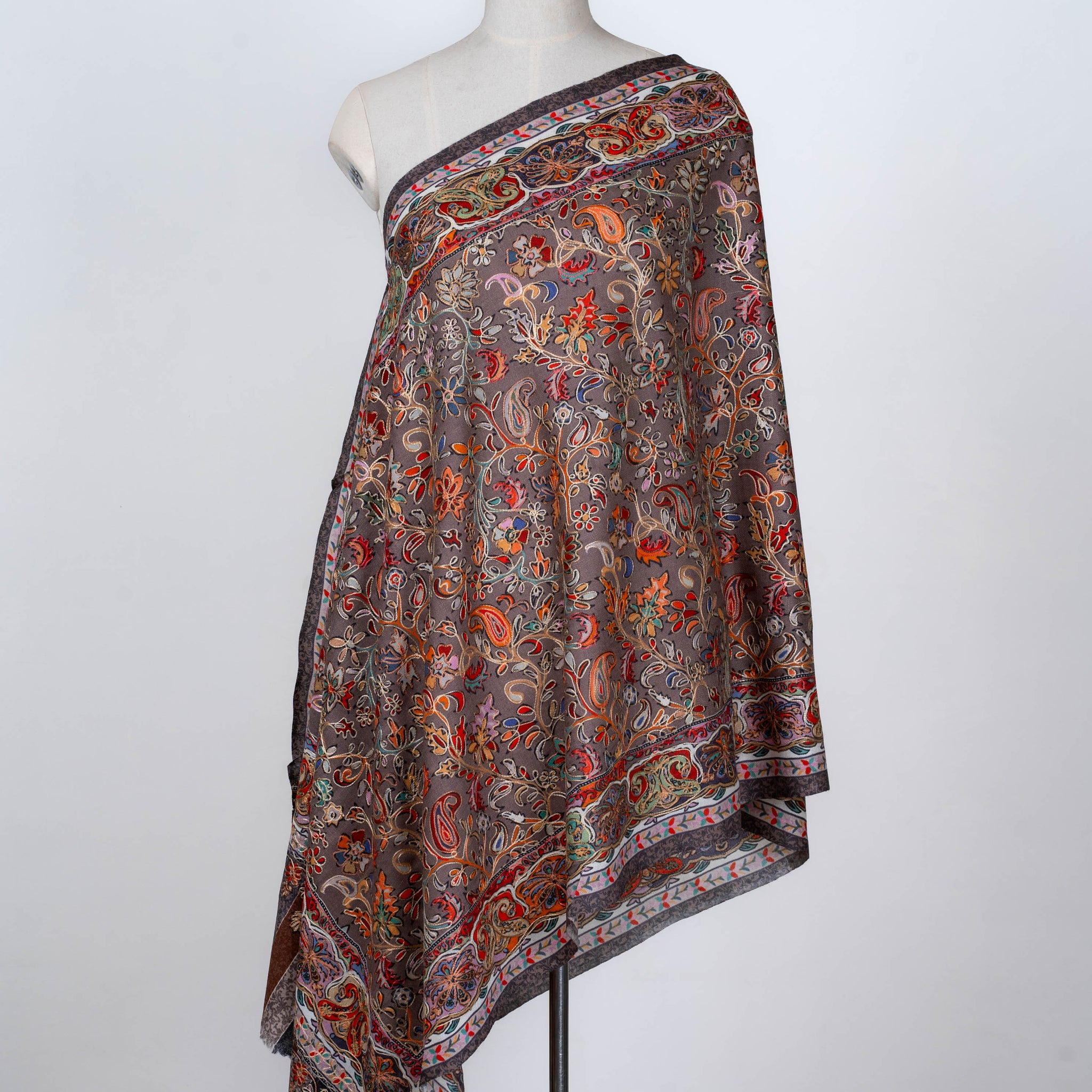 Charcoal Paisley Wool Dupatta with Kalamkari Design