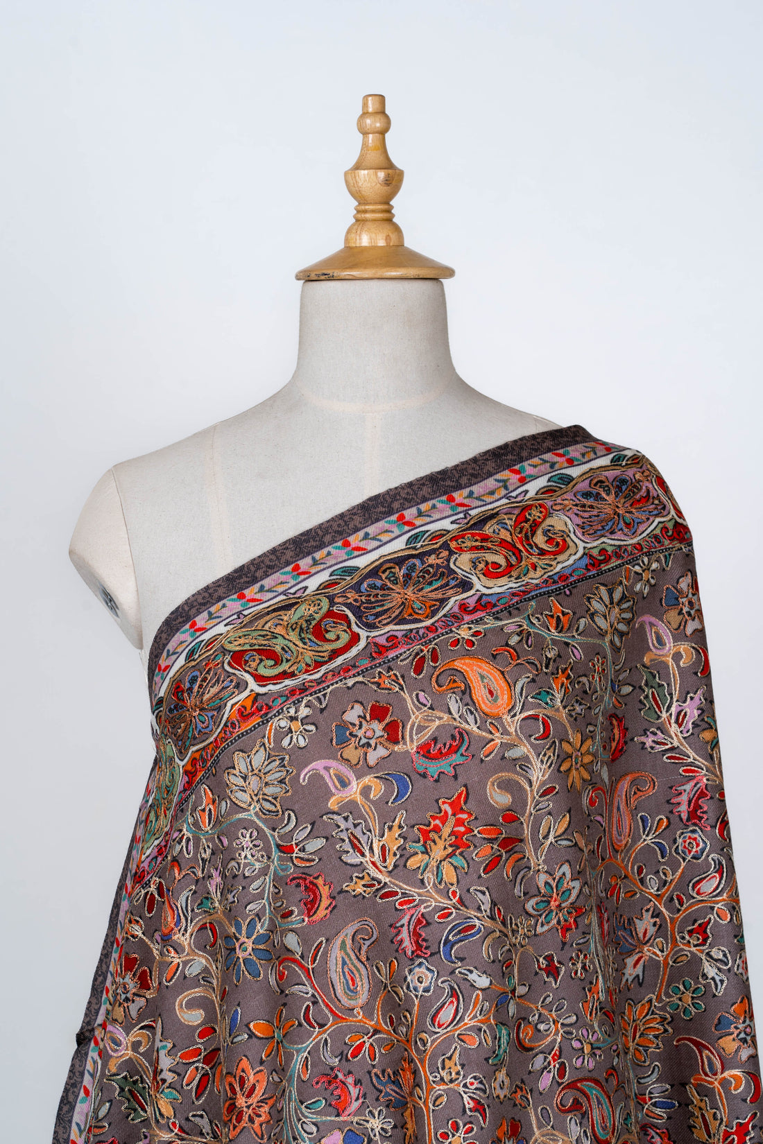 Charcoal Paisley Wool Dupatta with Kalamkari Design